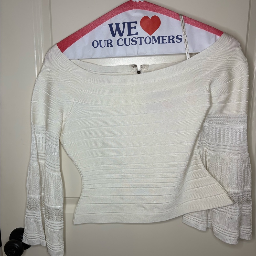 Herve Leger Off-Shoulder White Sweater